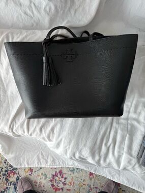 Tory Burch Black Pebbled Leather Tote Large Tassel Logo Shopper Work Bag